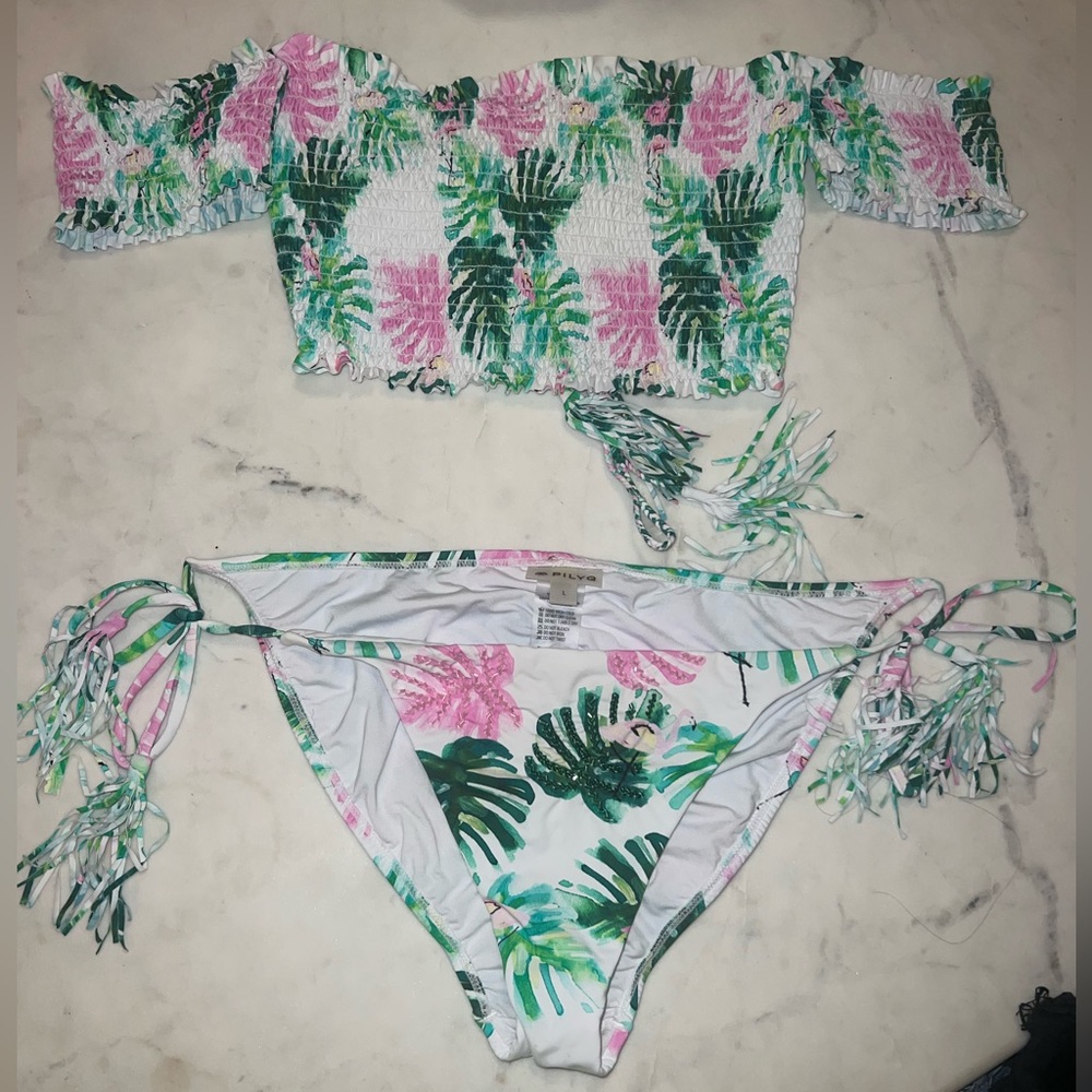 PilyQ Bikini Set White Palm Trees & Flamingo